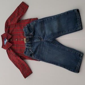 goodlad Red Plaid Shirt With Old Navy Blue Jeans Size 6-12 Months